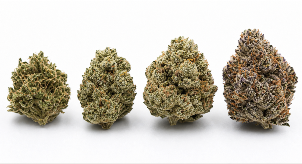 Cannabis grading system comparison showing A, AA, AAA, and AAAA quality flower with trichome density progression