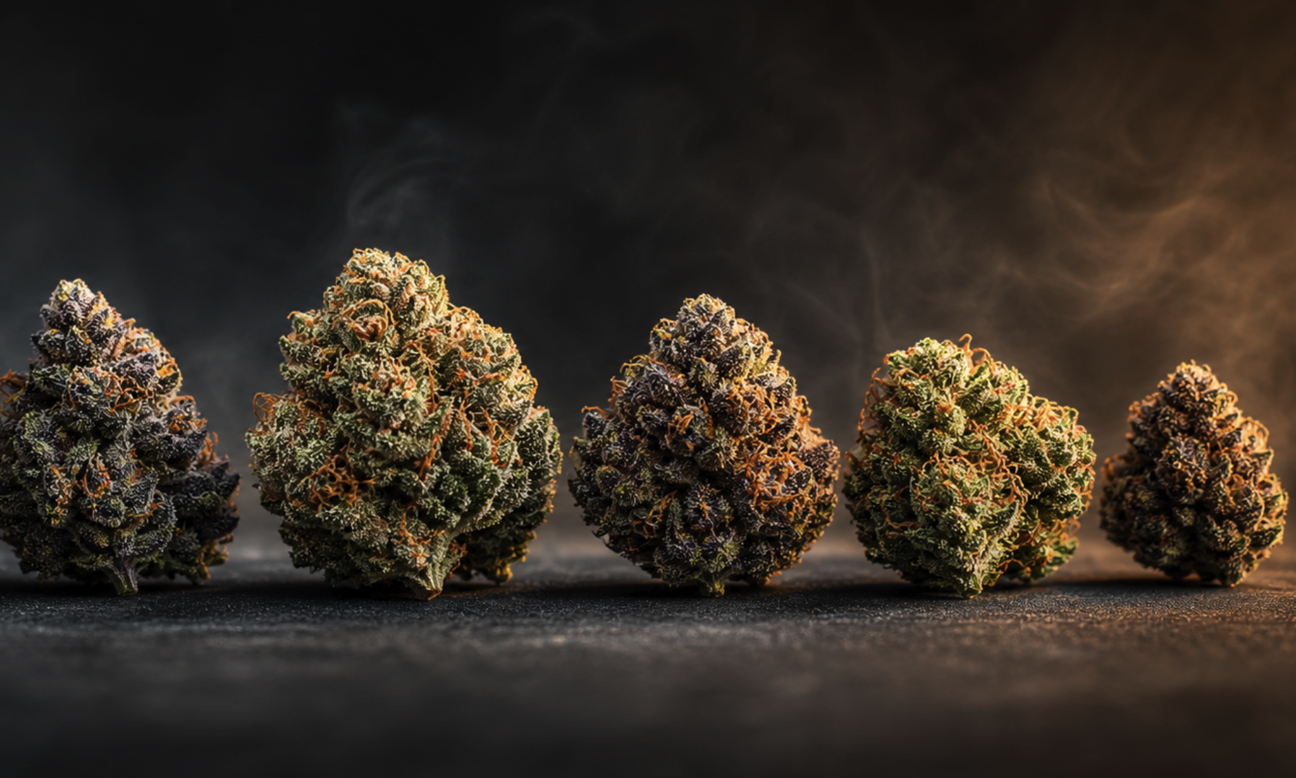 Cannabis Grading System — Premium Flower Quality Premium cannabis flower buds lined up showing varying quality grades and trichome density