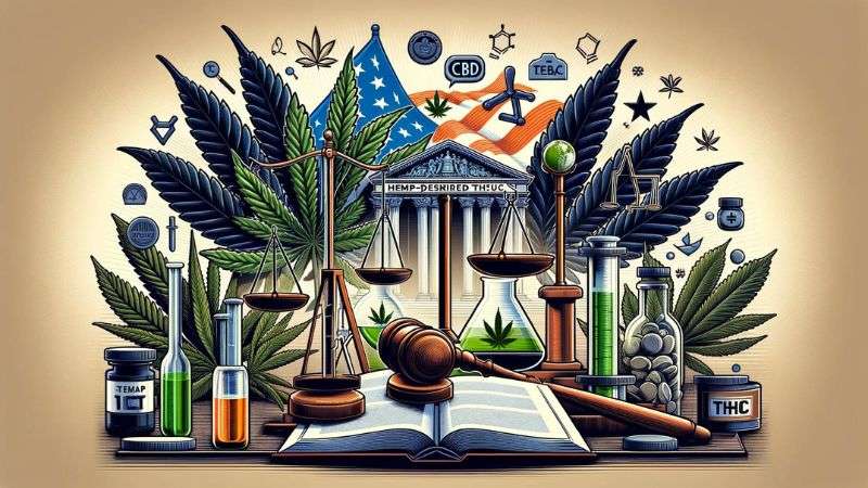 emp-derived THC regulation header, america flag with law book and cannabis leaves
