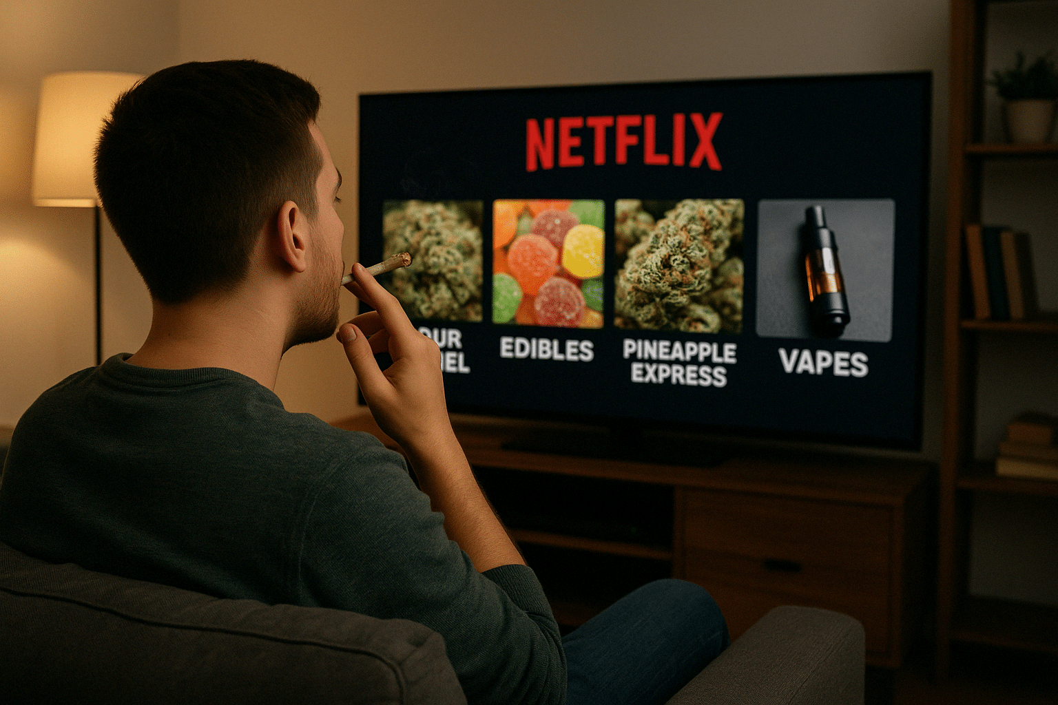cannabis lover watching netflix, and choosing personalized cannabis. AI Generatd